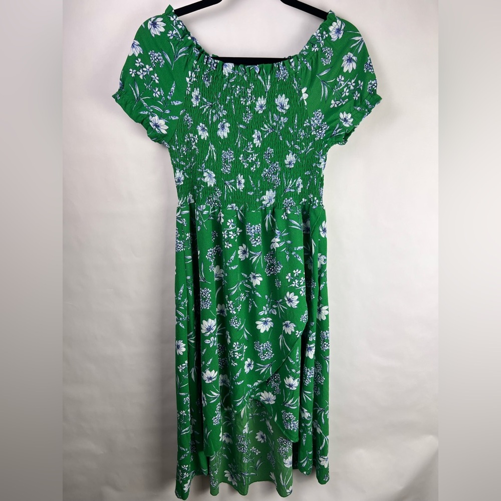 Knit Works Green Floral Smocked Off Shoulder Dress Girls Size 14 Summer - Picture 2 of 12